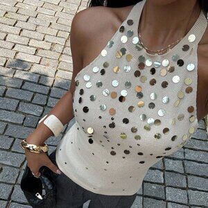 Women's Sequin detailed Knit Tie Backless Halter Top